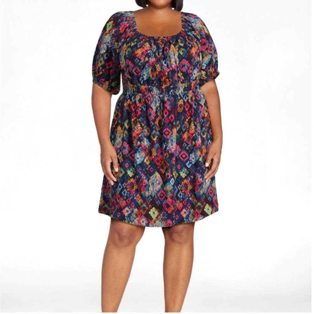 Terra & Sky Puff Sleeve Tie Back Dress Multi Color Blue Hot Pink Yellow 1X 16 18